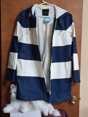 Talbots Navy and White Hooded Colorblock Raincoat